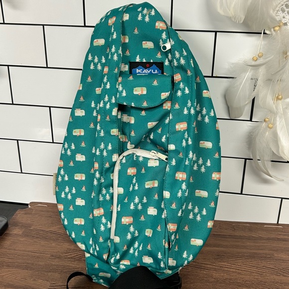 KAVU Rope Sling Bag One of a Kind Teal Camping Print‎ Crossbody Backpack - Picture 1 of 10